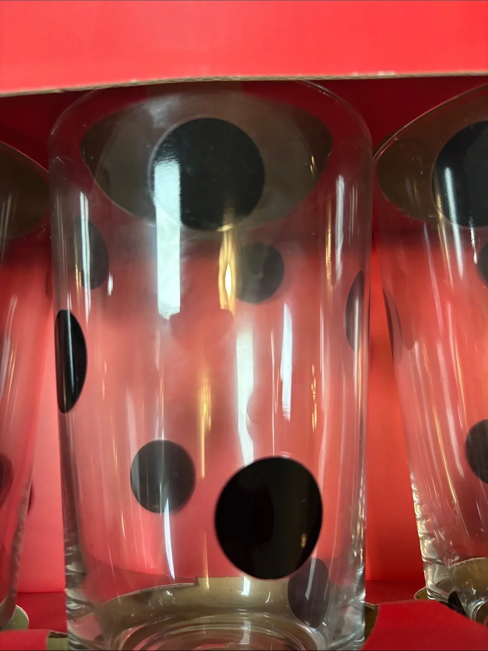 Crate&Barrel Red Box with Black Polka Dot Highball Glasses
